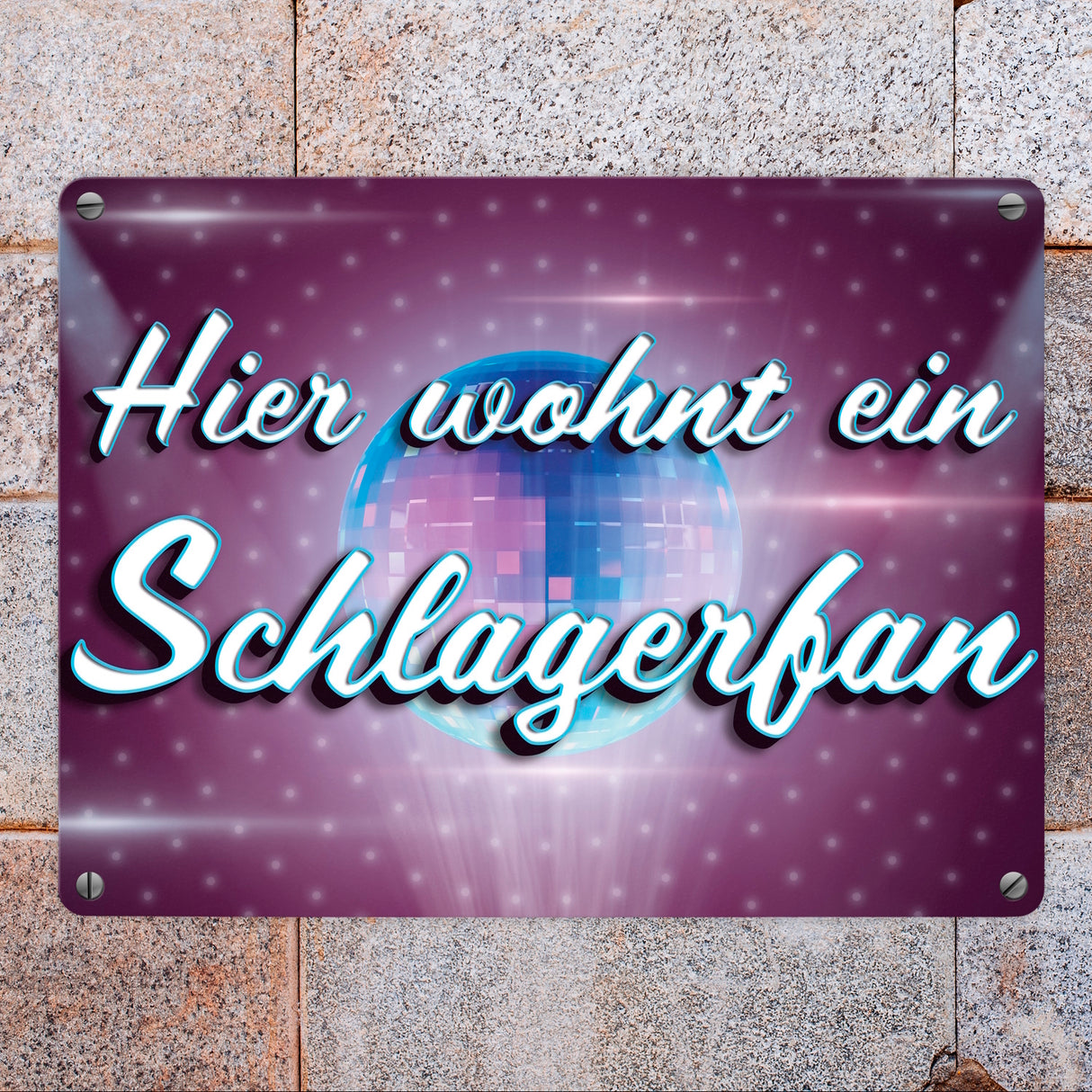Hier wohnt ein Schlagerfan Metallschild mit Discokugel