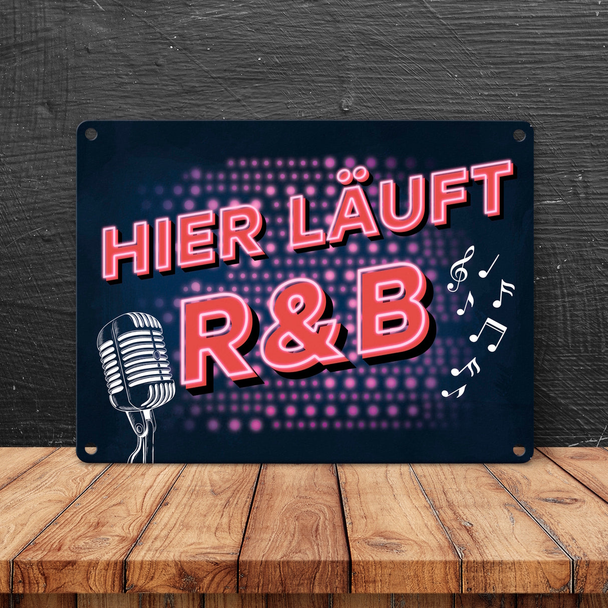 Hier läuft R&B Metallschild mit Mikrofon und Noten im coolen Retro Look