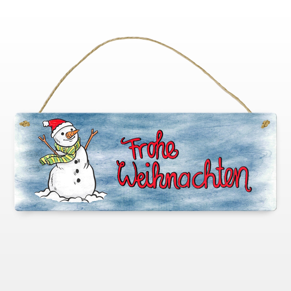 Frohe Weihnachten Metallschild mit Schneemann und blauem Hintergrund