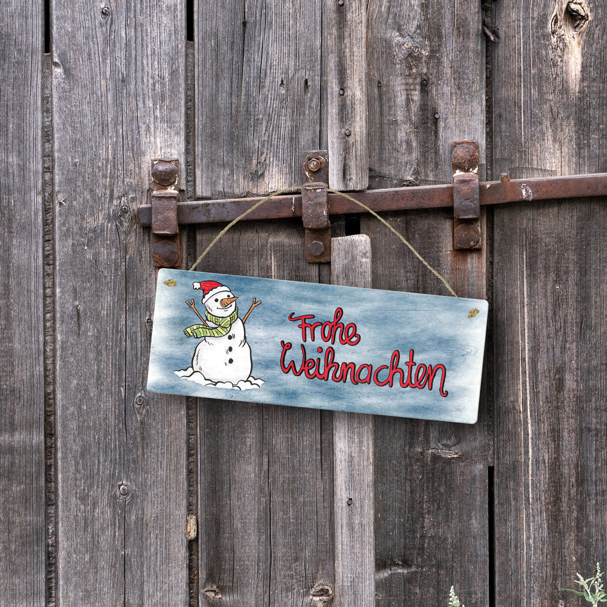 Frohe Weihnachten Metallschild mit Schneemann und blauem Hintergrund
