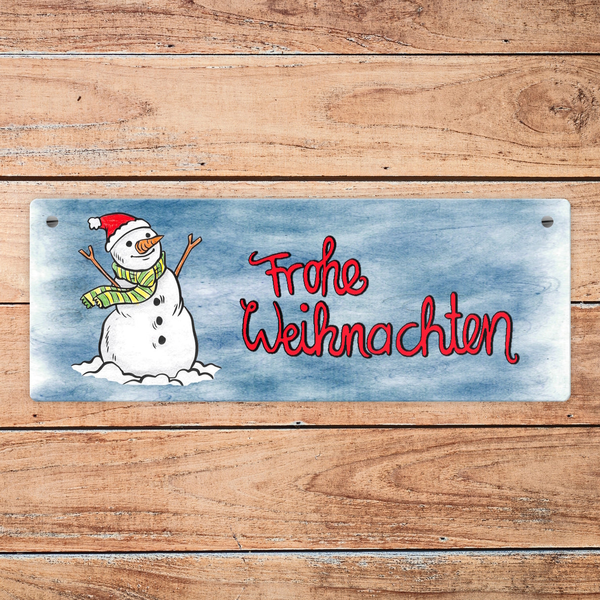 Frohe Weihnachten Metallschild mit Schneemann und blauem Hintergrund