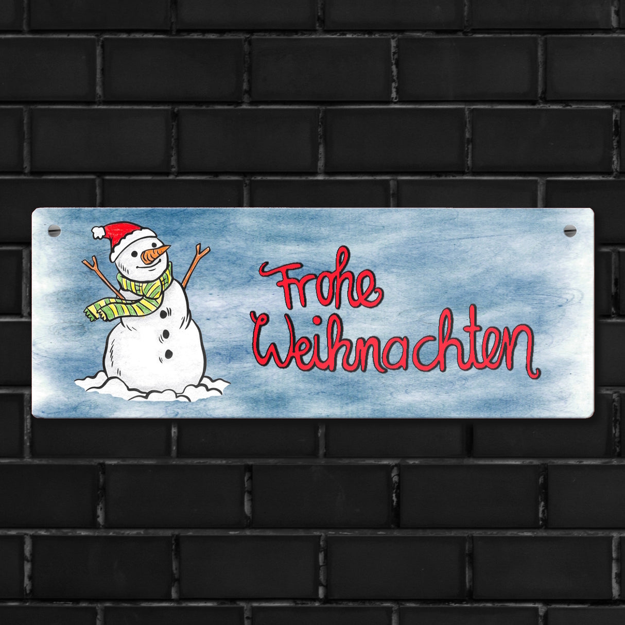 Frohe Weihnachten Metallschild mit Schneemann und blauem Hintergrund