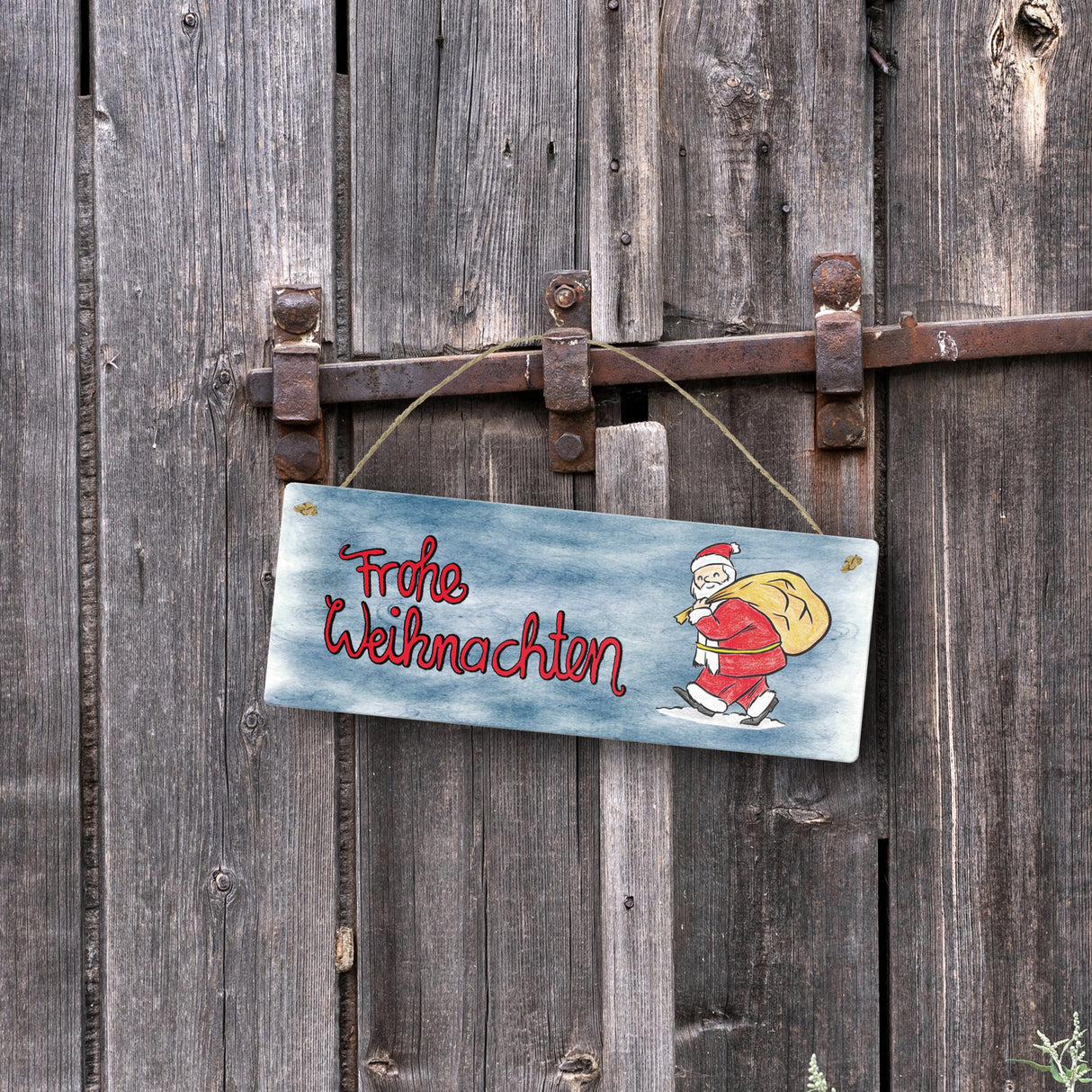 Frohe Weihnachten Metallschild mit Nikolaus und blauem Hintergrund