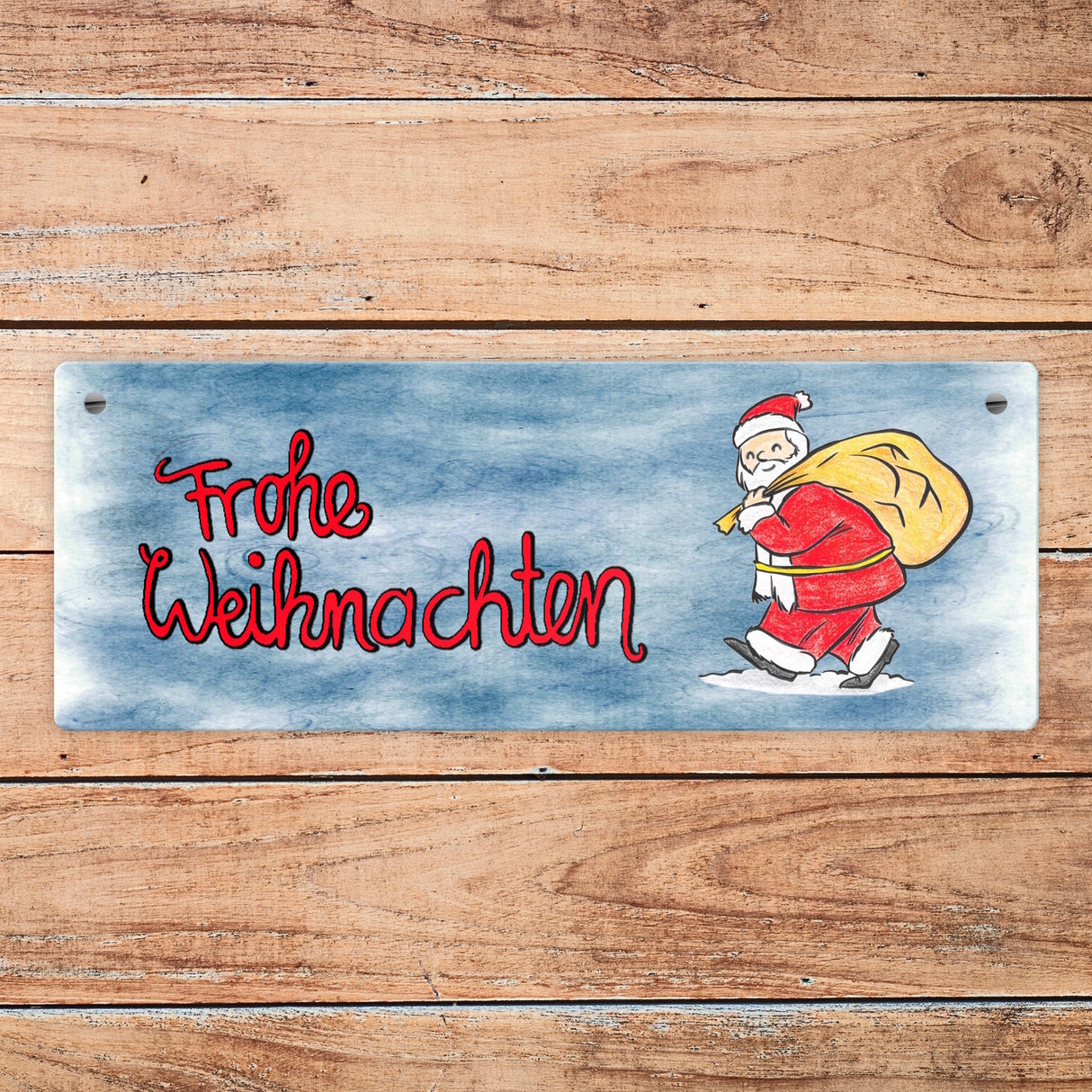 Frohe Weihnachten Metallschild mit Nikolaus und blauem Hintergrund