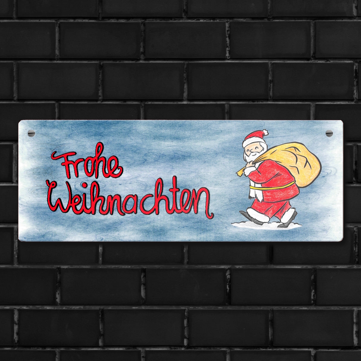 Frohe Weihnachten Metallschild mit Nikolaus und blauem Hintergrund