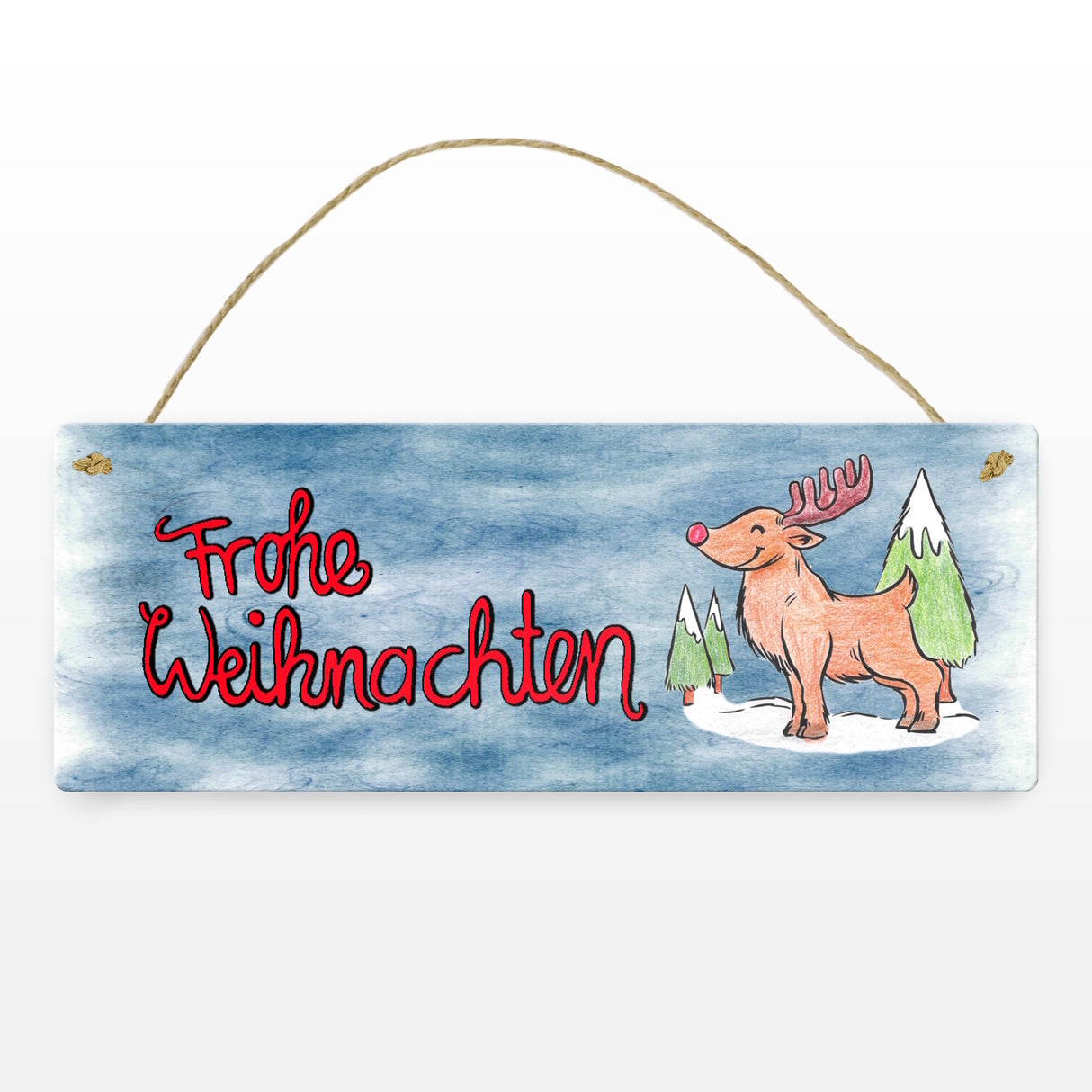 Frohe Weihnachten Metallschild mit Rentier und blauem Hintergrund