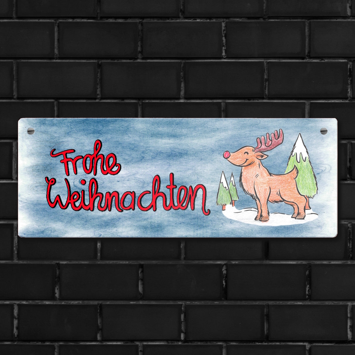 Frohe Weihnachten Metallschild mit Rentier und blauem Hintergrund