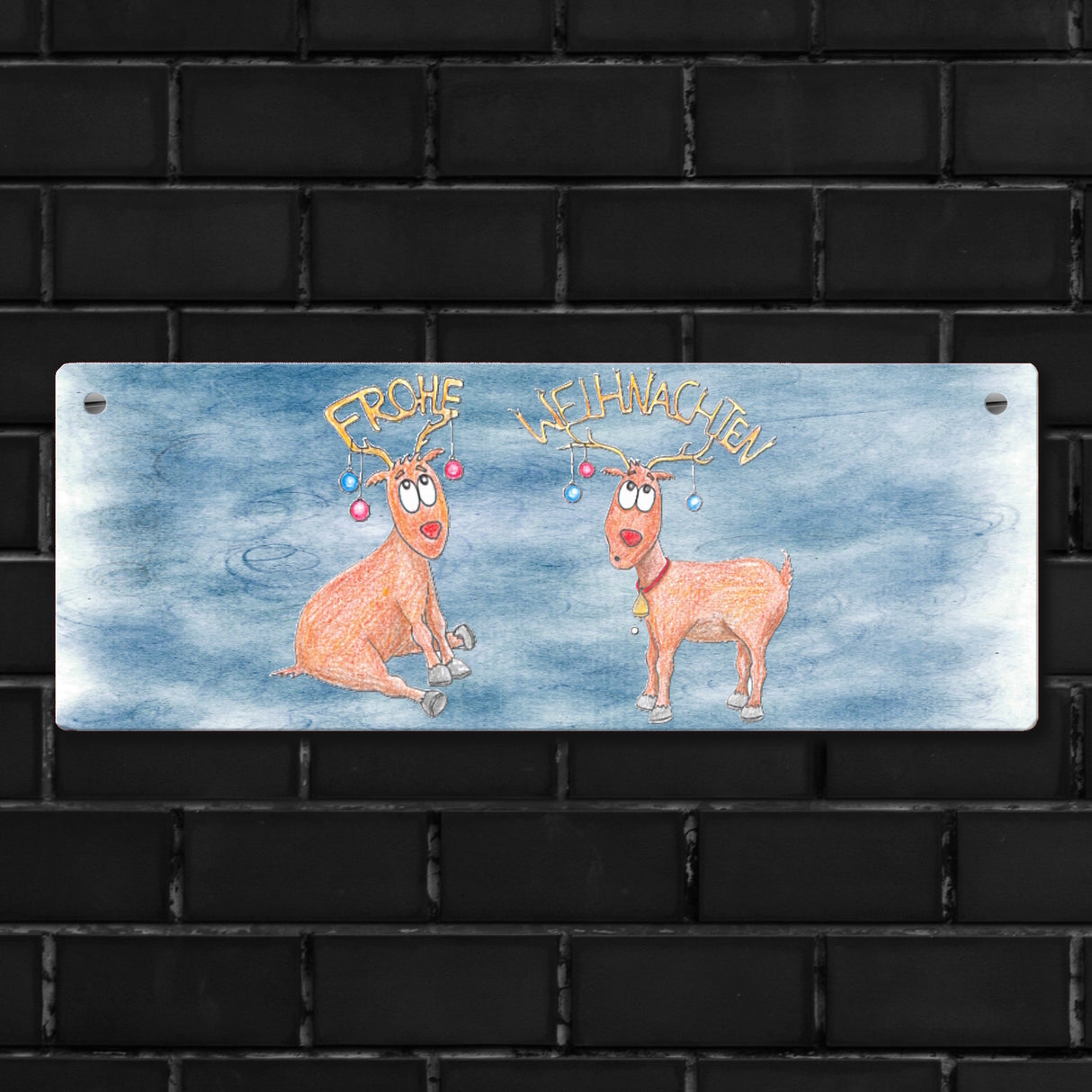 Frohe Weihnachten Metallschild mit Rentiere und blauem Hintergrund