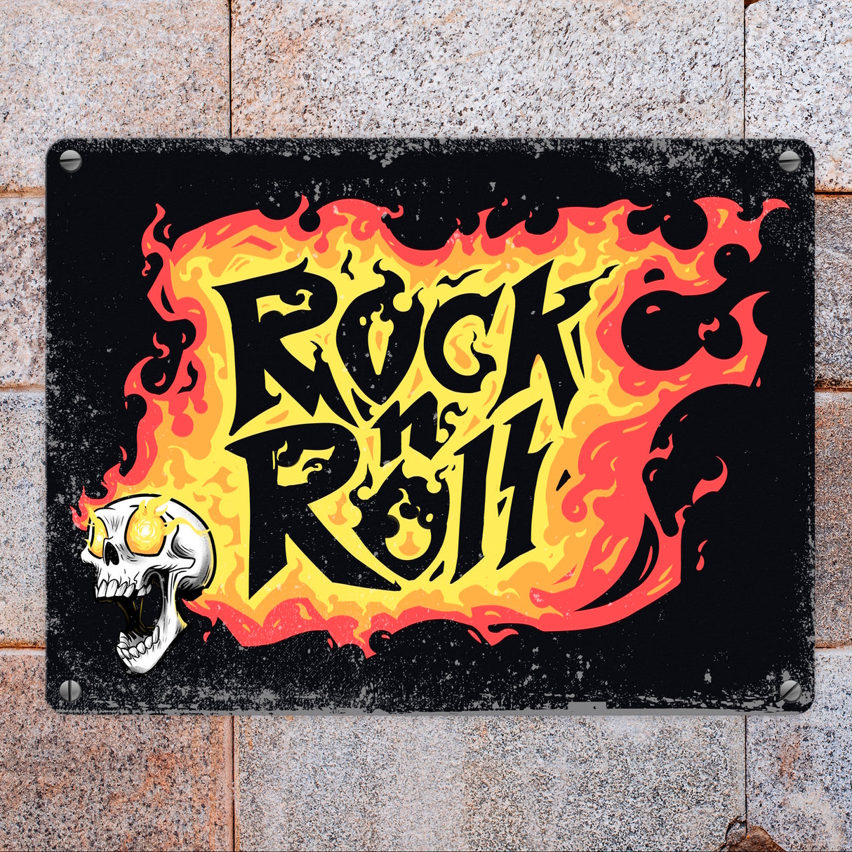 Rock n' Roll Metallschild mit Flammen und Totenkopf