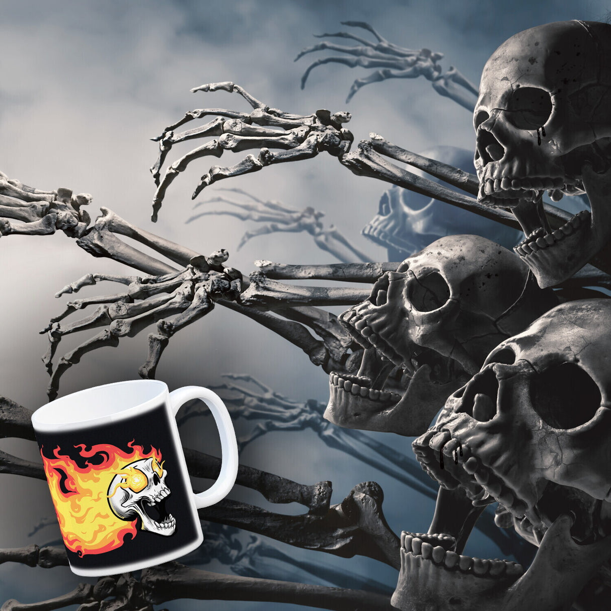 Rock n' Roll Kaffeebecher mit Flammen und Totenkopf