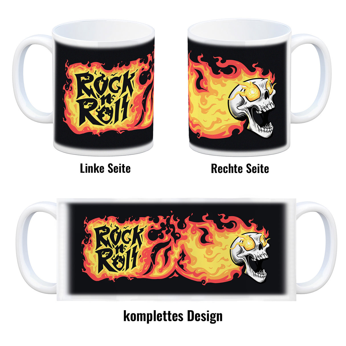 Rock n' Roll Kaffeebecher mit Flammen und Totenkopf