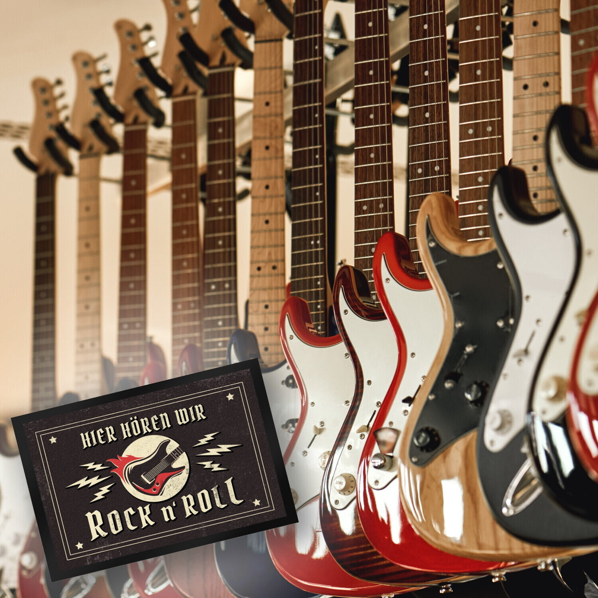 Hier hören wir Rock n' Roll Fußmatte mit Gitarren Motiv