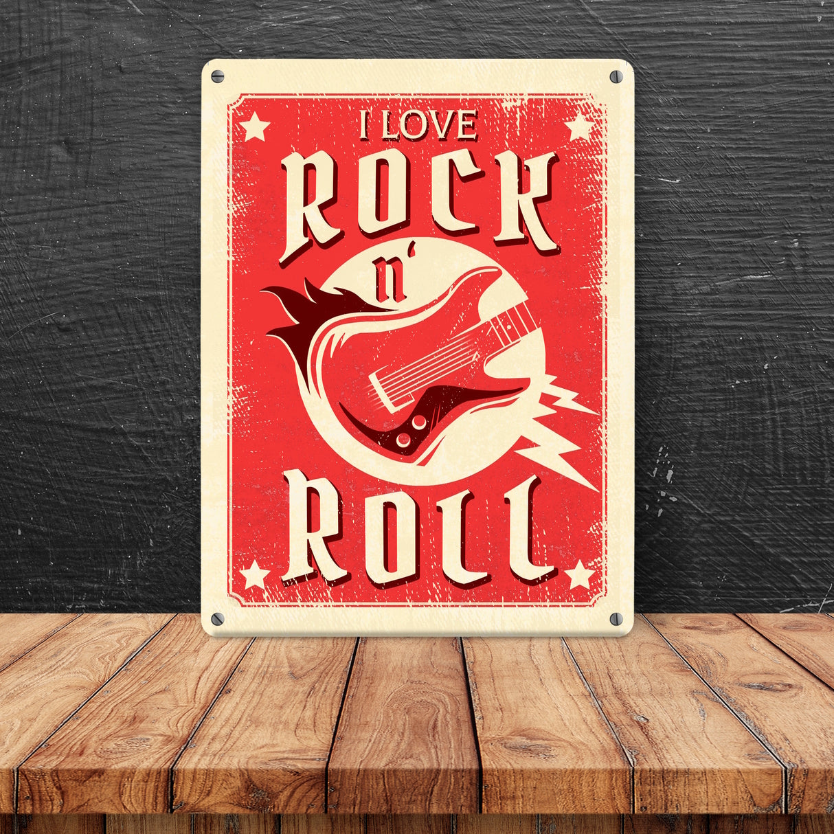 I Love Rock 'n' Roll Metallschild mit Gitarre