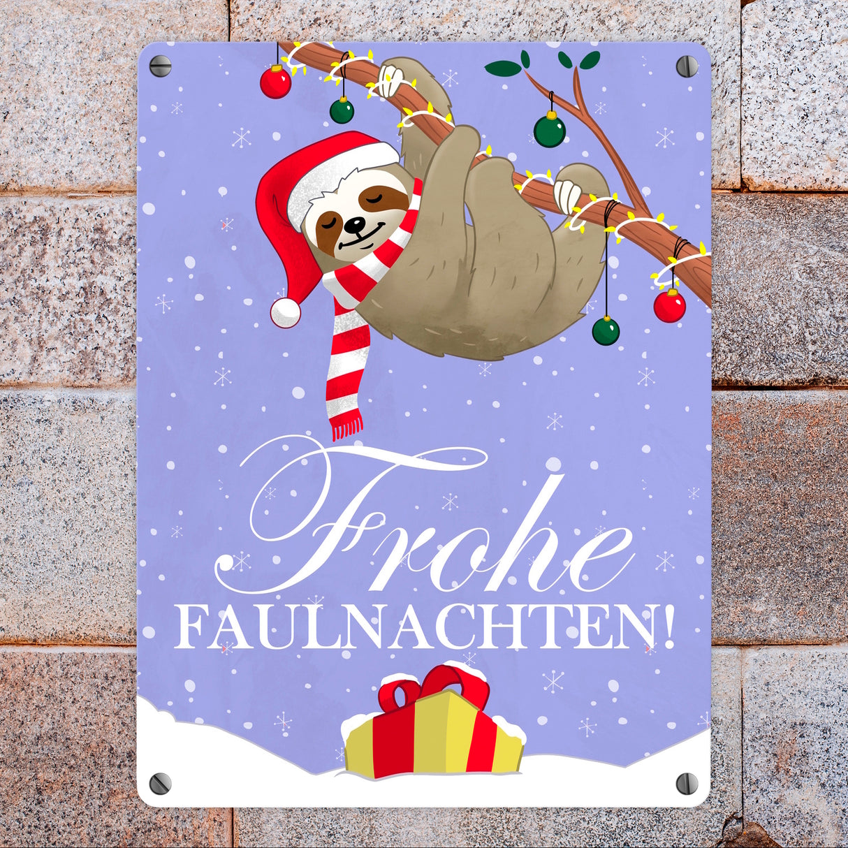 Frohe Faulnachten Metallschild mit süßem weihnachtlichem Faultier
