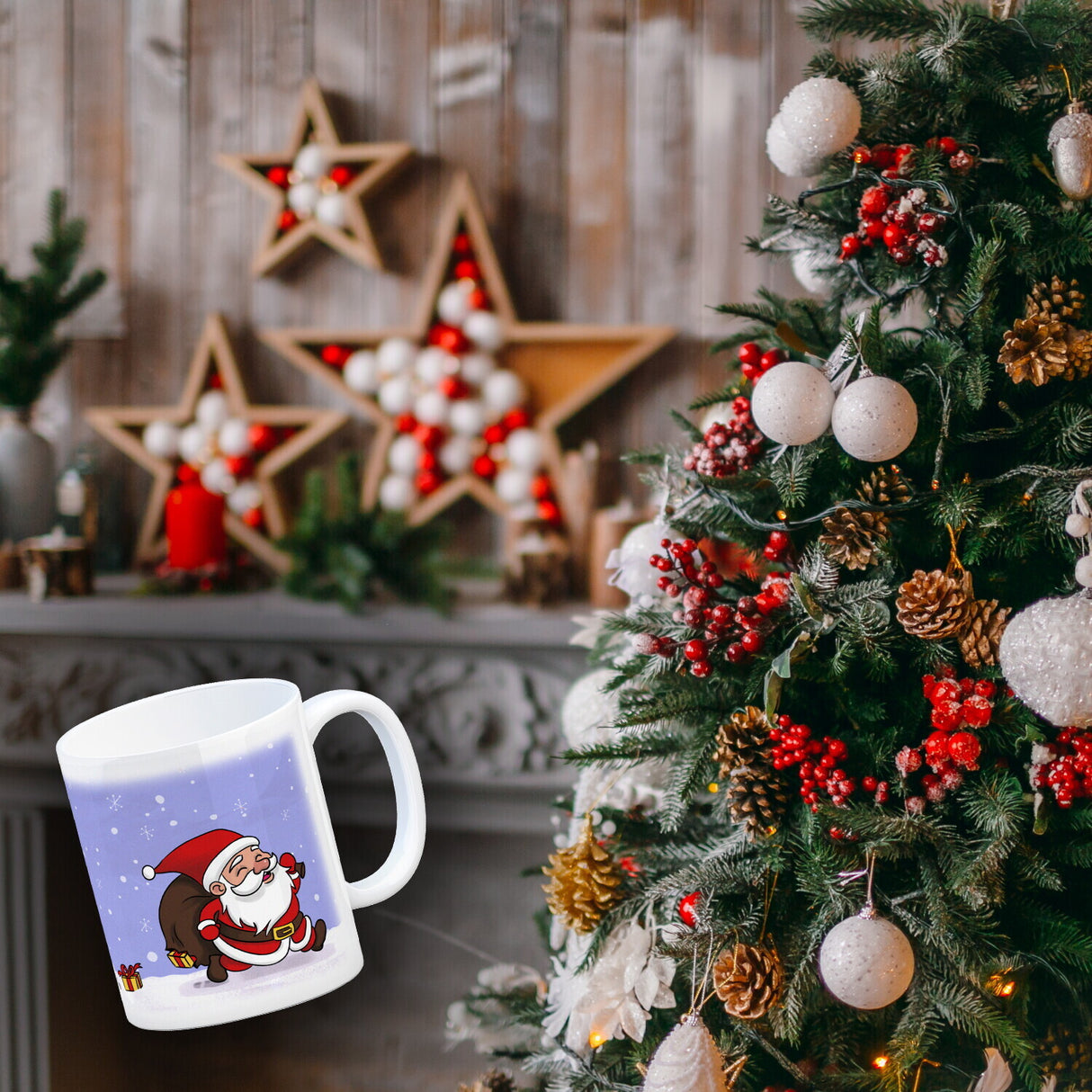 Frohe Weihnachten! Kaffeebecher mit lustigem Comic-Weihnachtsmann