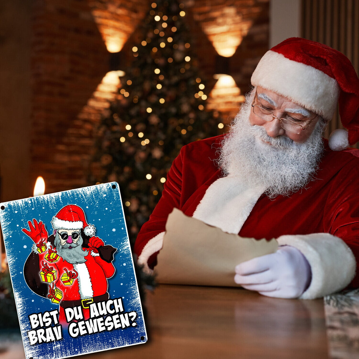 Bist du auch brav gewesen? Metallschild mit coolem Weihnachtsmann