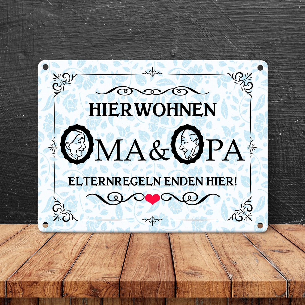 Hier wohnen Oma & Opa Metallschild im Vintage-Look