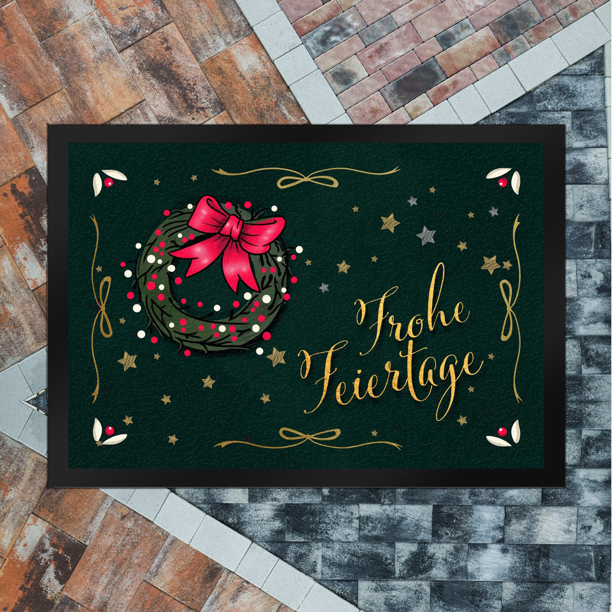 Frohe Feiertage Fußmatte mit weihnachtlichem Kranz