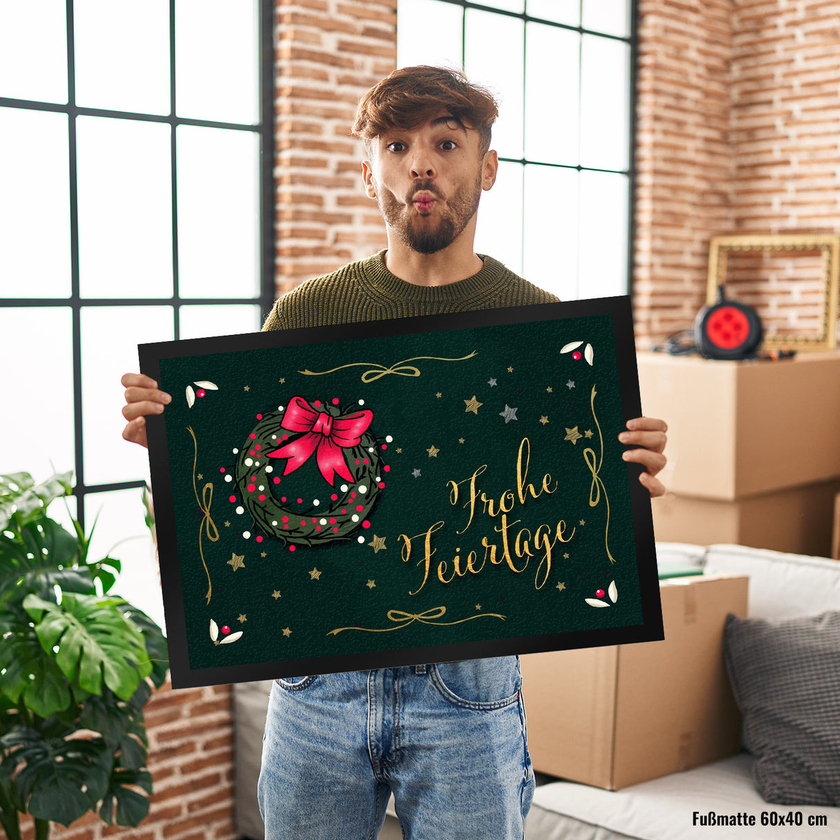 Frohe Feiertage Fußmatte mit weihnachtlichem Kranz