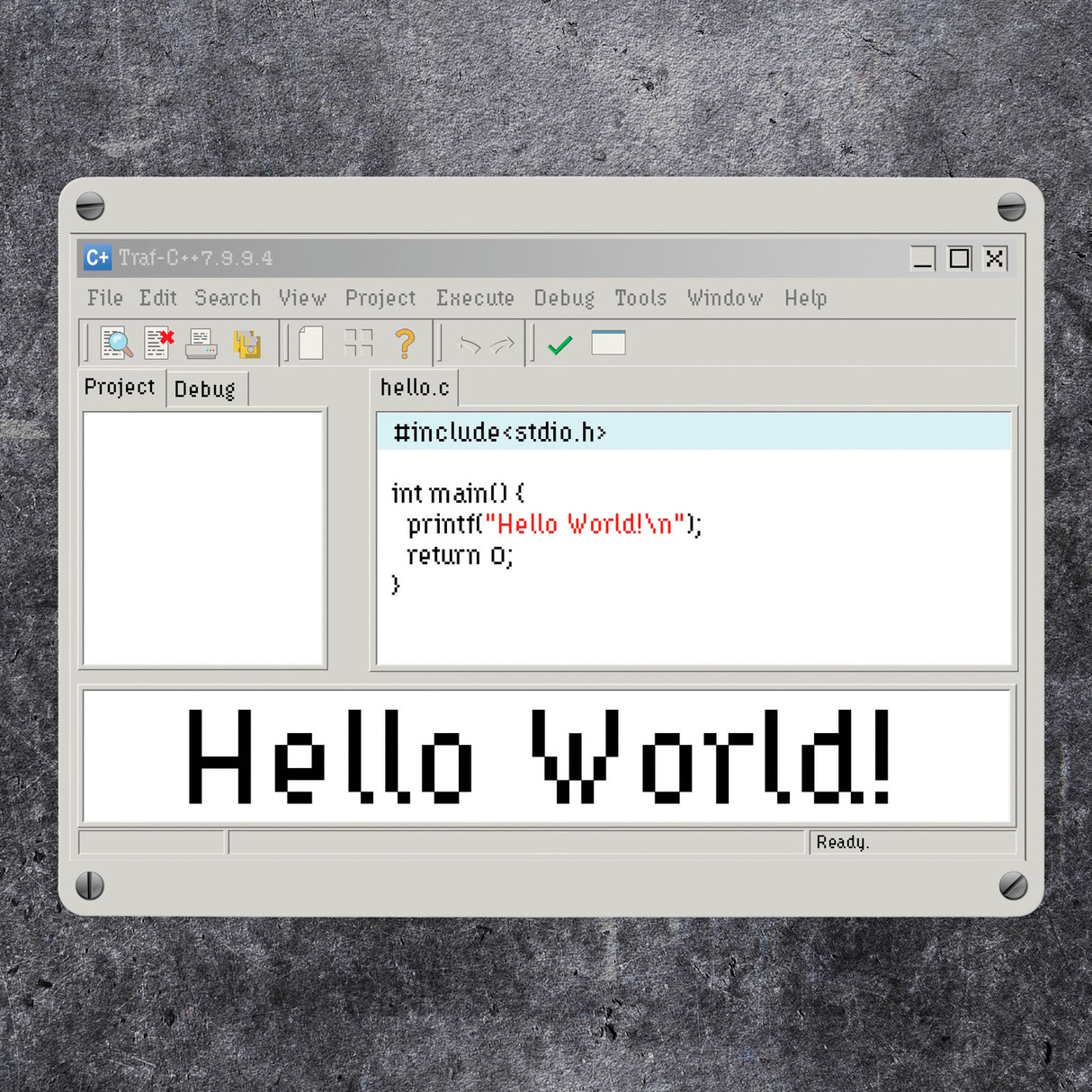 Hello World witziges Metallschild für Programmierer mit Quellcode