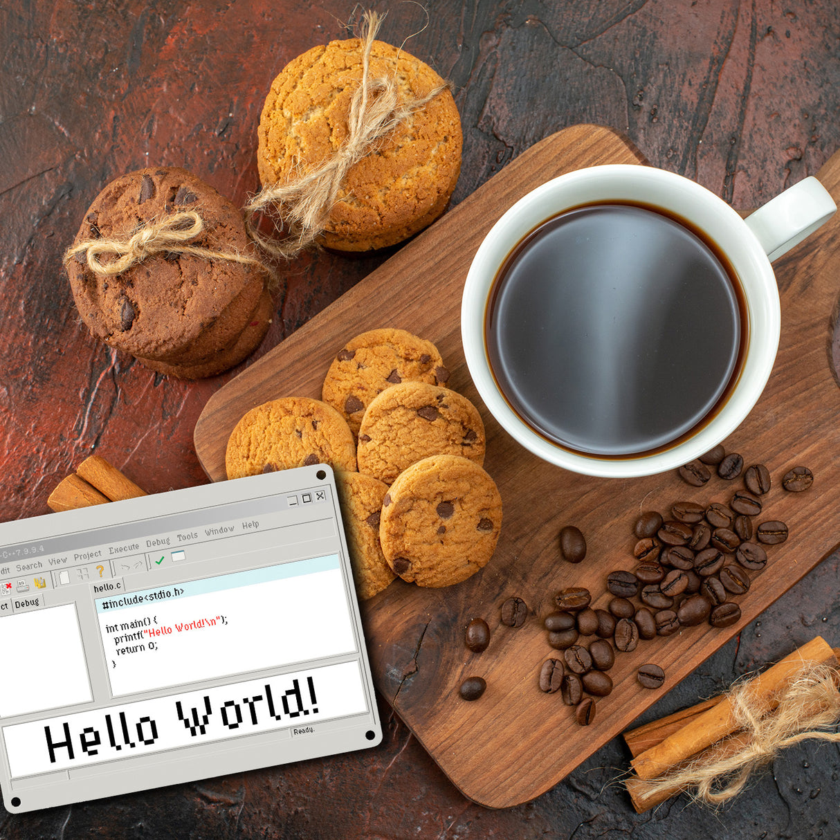 Hello World witziges Metallschild für Programmierer mit Quellcode