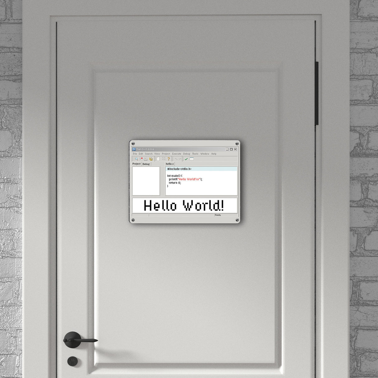 Hello World witziges Metallschild für Programmierer mit Quellcode