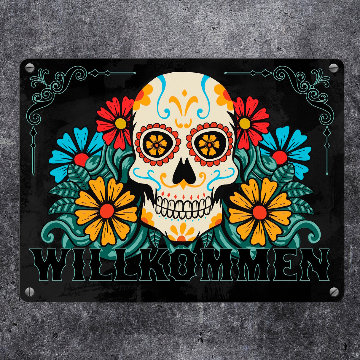 Willkommen Metallschild mit Totenkopf und Blumenmotiv