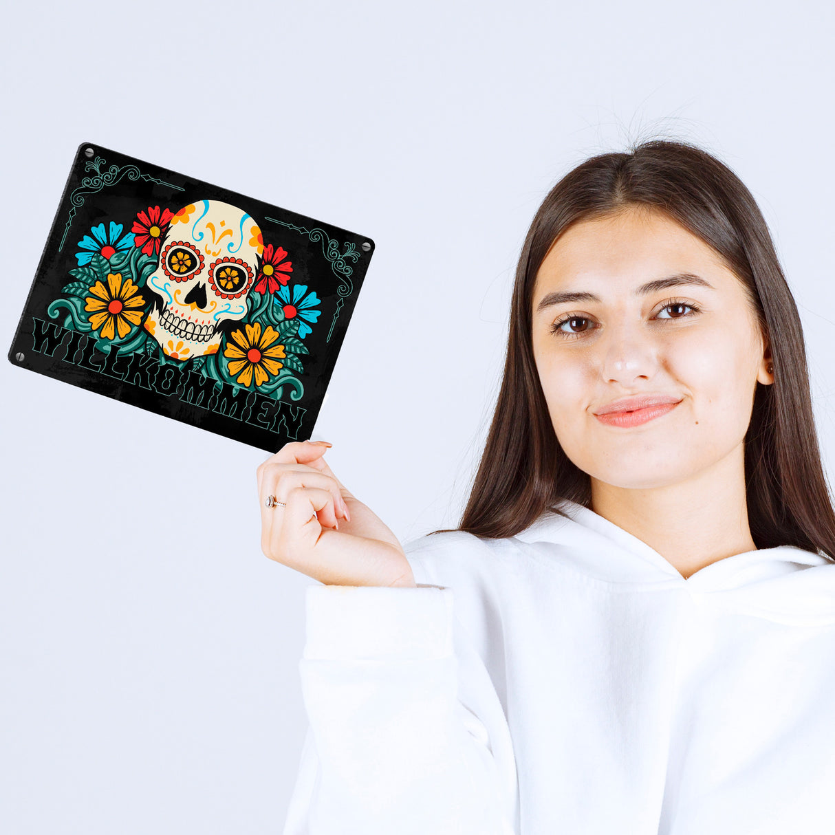 Willkommen Metallschild mit Totenkopf und Blumenmotiv