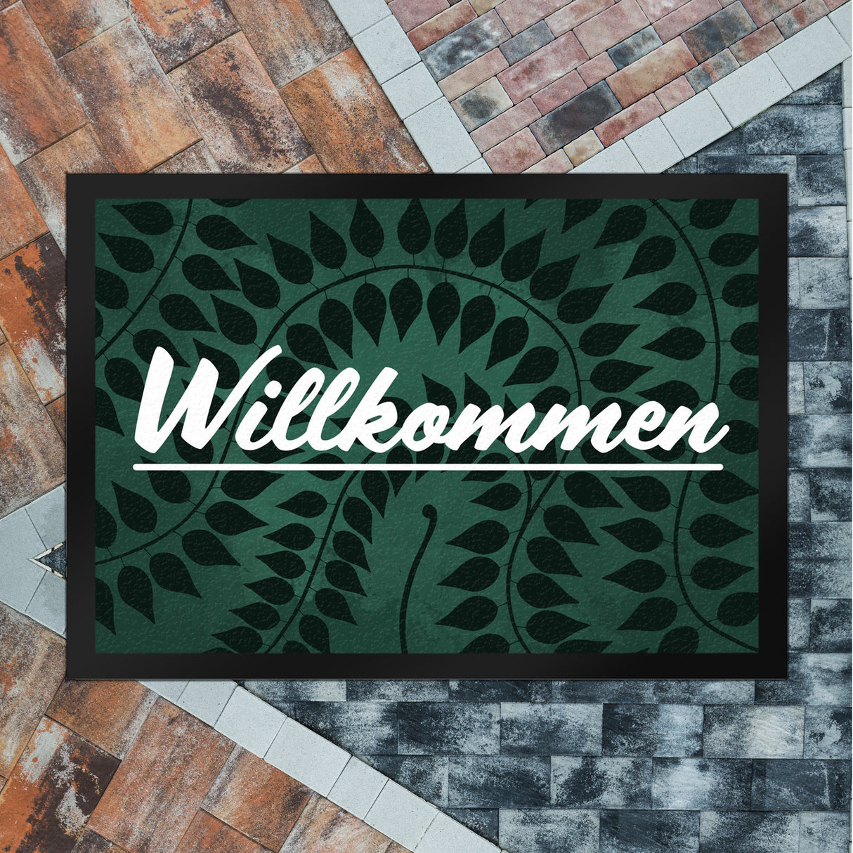 Willkommen Fußmatte mit Blätterhintergrund