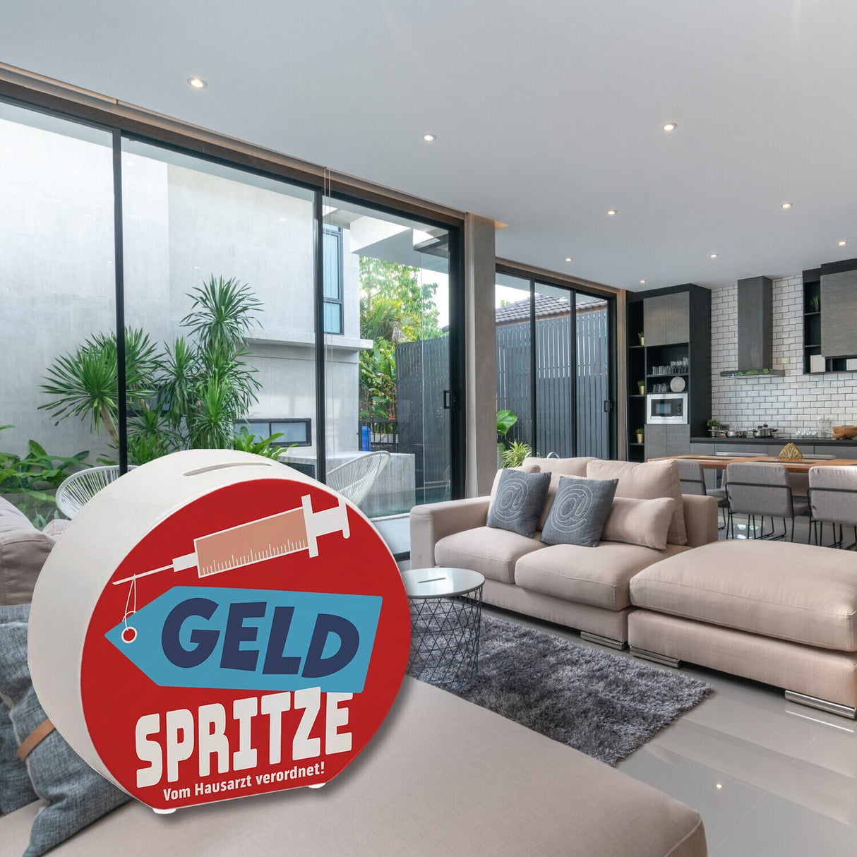 Geldgeschenk Spardose mit Geldspritze Motiv in {Rot}