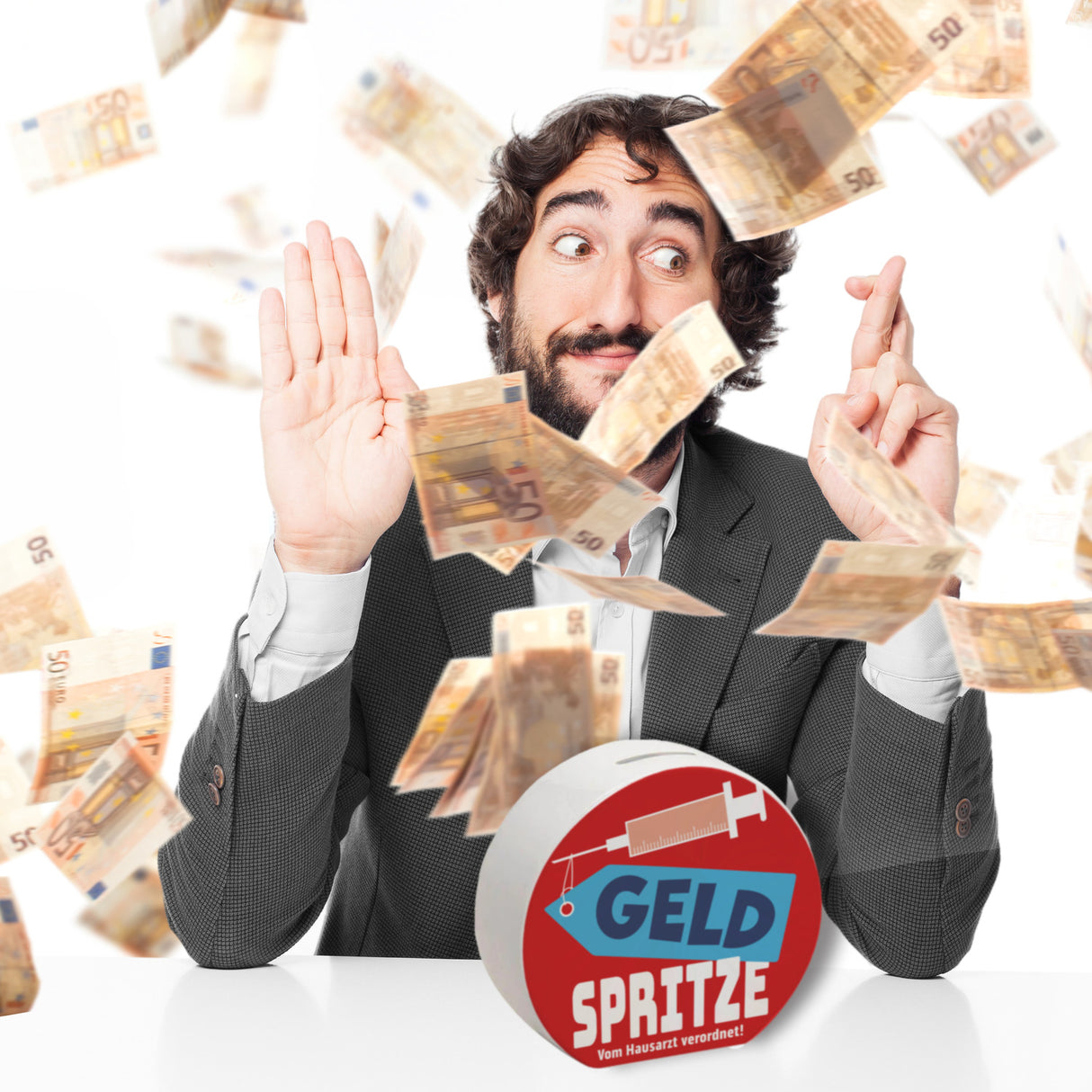 Geldgeschenk Spardose mit Geldspritze Motiv in {Rot}