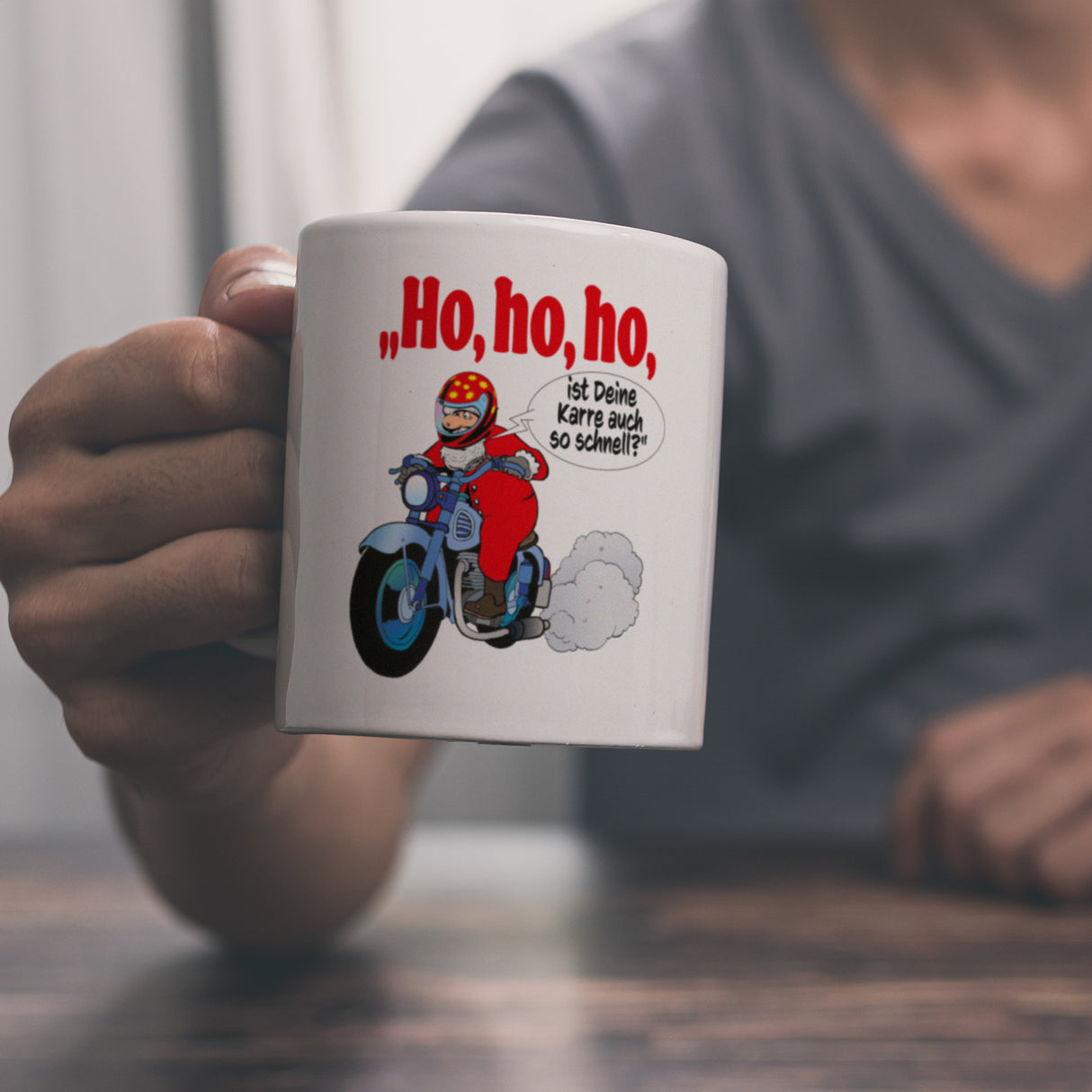 Kaffeebecher zum Thema Weihnachten mit Nikolaus auf dem Motorrad Motiv