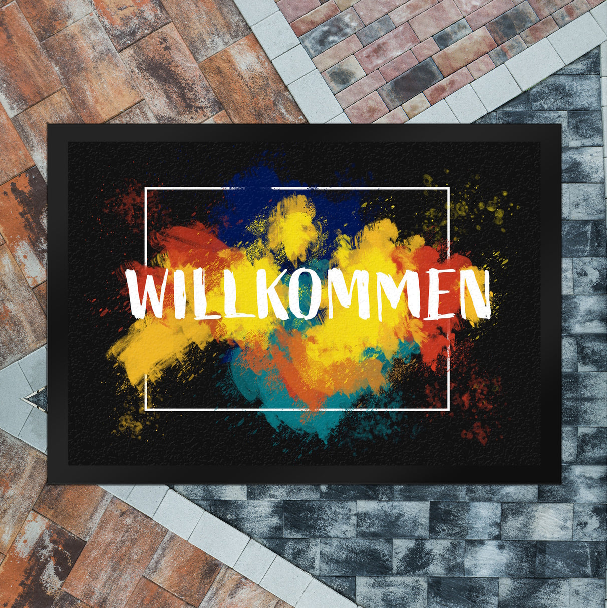 Willkommen Fußmatte mit buntem malerischen Hintergrund