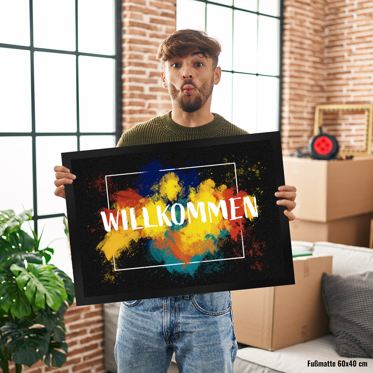 Willkommen Fußmatte mit buntem malerischen Hintergrund