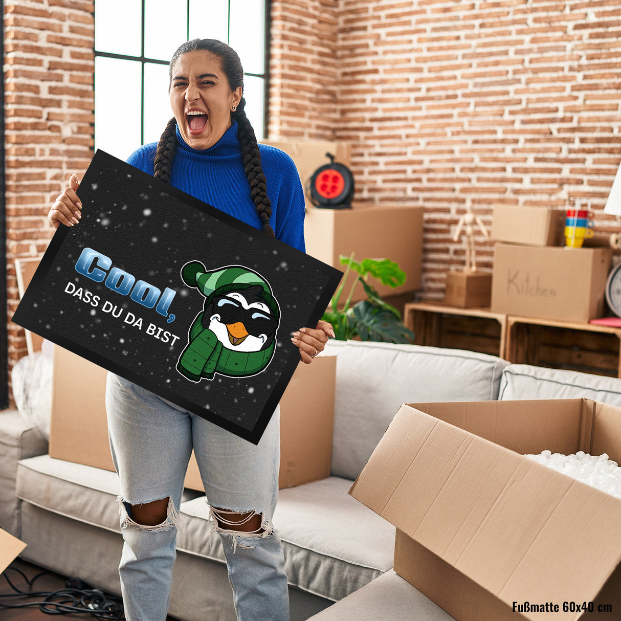 Cool, dass du da bist Fußmatte mit witzigem Pinguin-Motiv