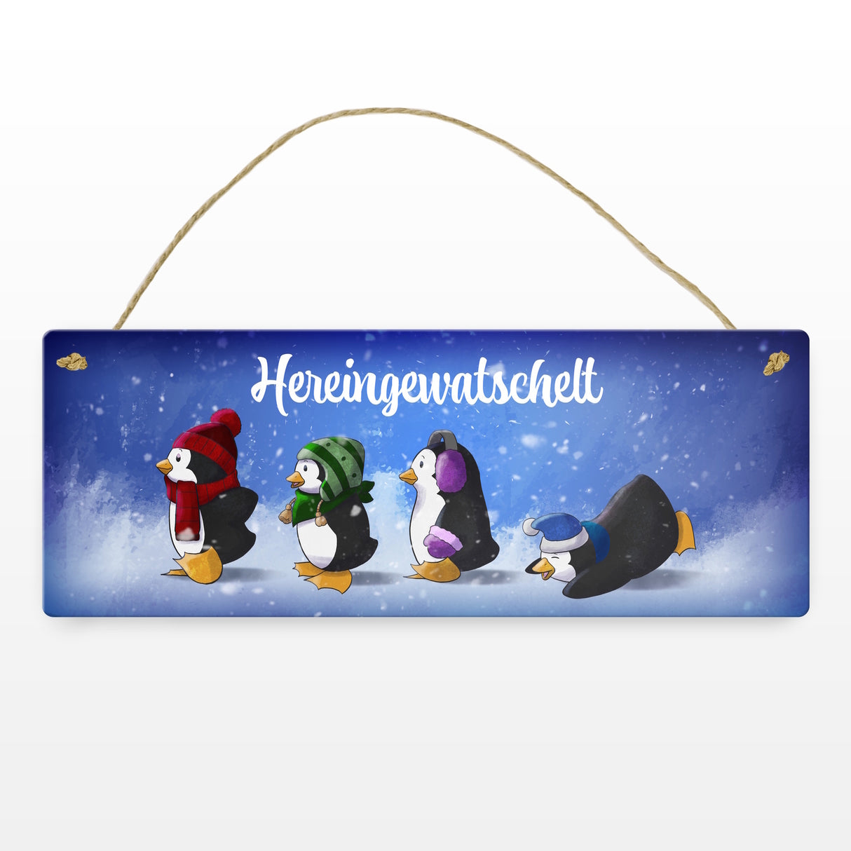 Hereingewatschelt Metallschild mit vier niedlichen Pinguinen