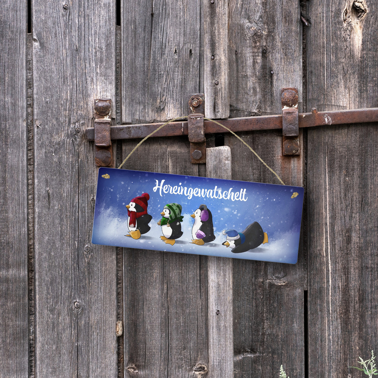 Hereingewatschelt Metallschild mit vier niedlichen Pinguinen
