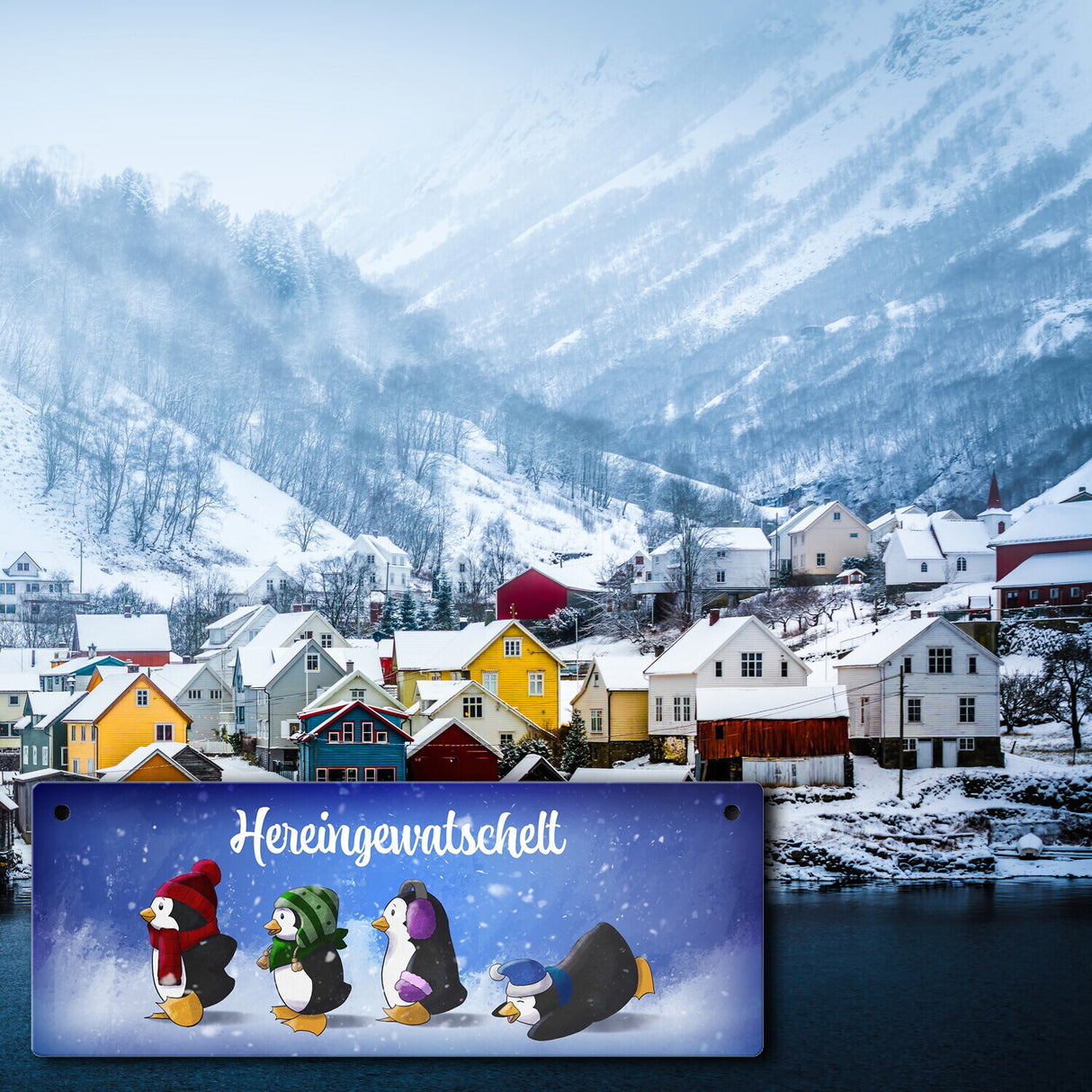 Hereingewatschelt Metallschild mit vier niedlichen Pinguinen