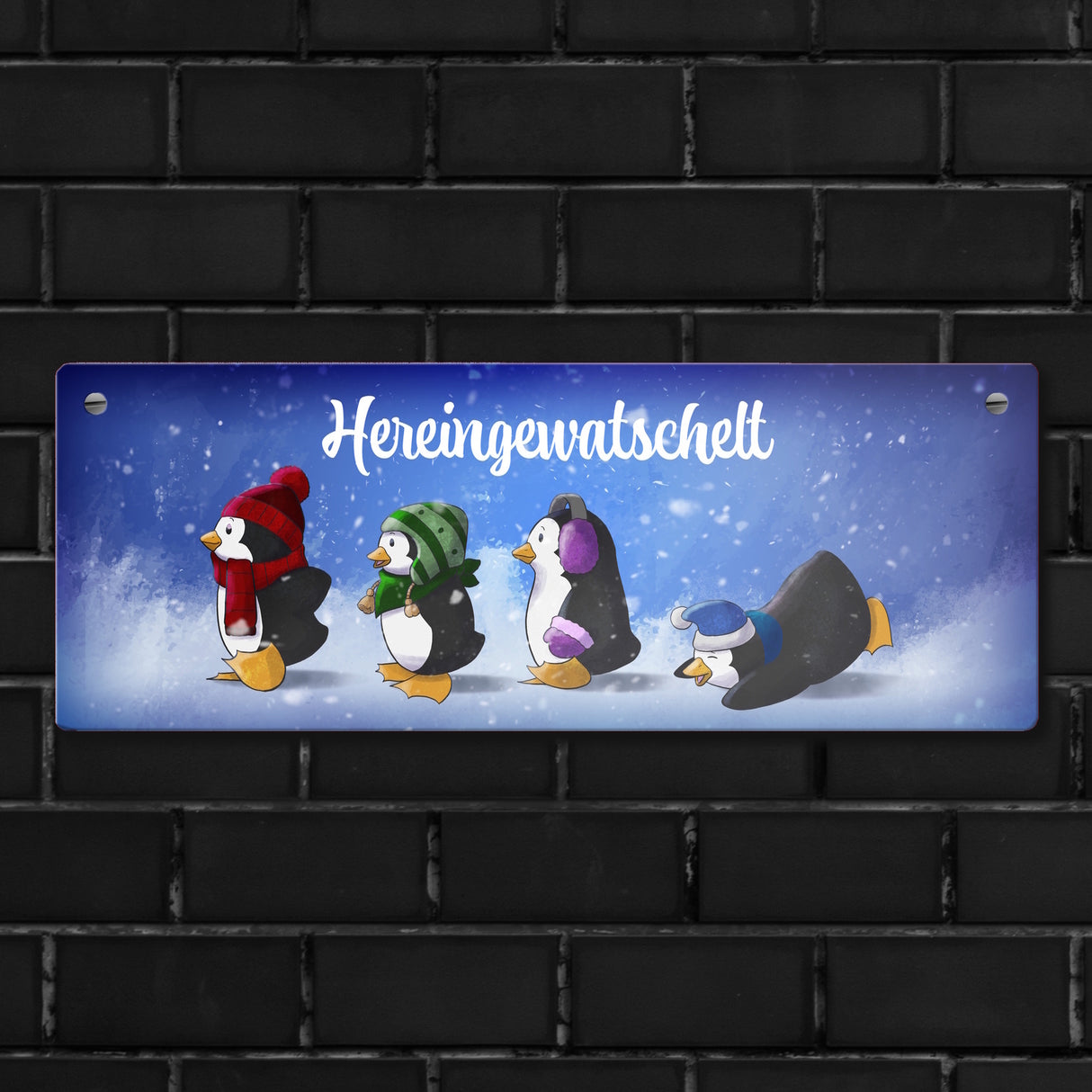Hereingewatschelt Metallschild mit vier niedlichen Pinguinen