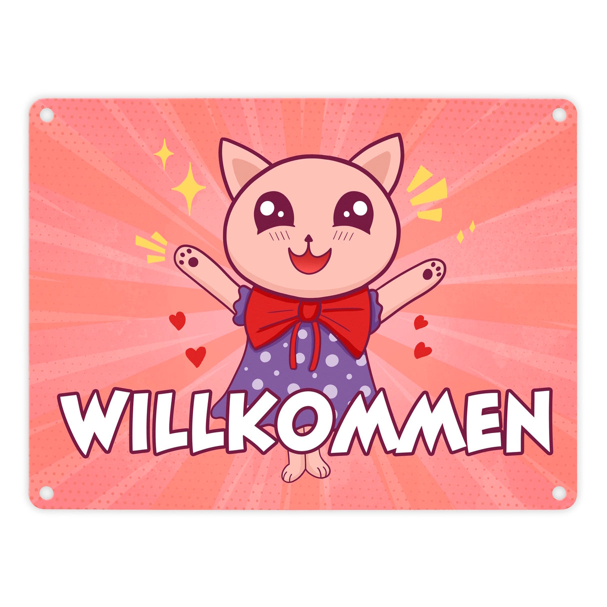 Willkommen Metallschild mit süßem Manga Kätzchen