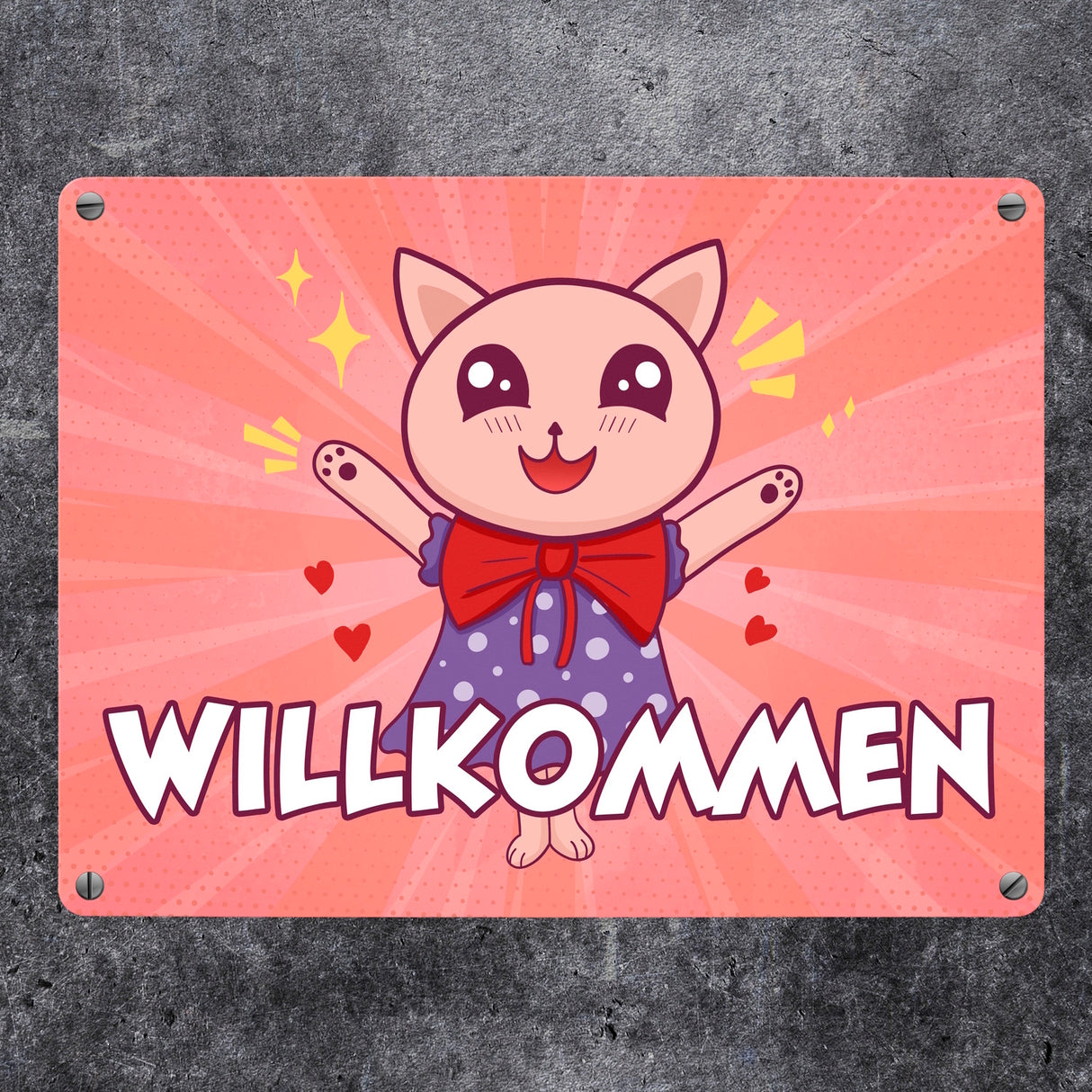 Willkommen Metallschild mit süßem Manga Kätzchen