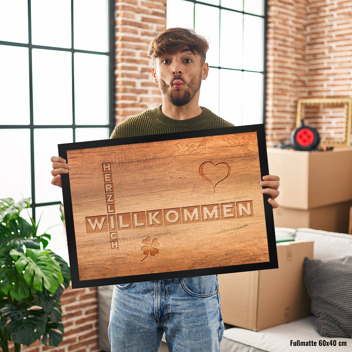 Herzlich Willkommen Fußmatte in Holzoptik
