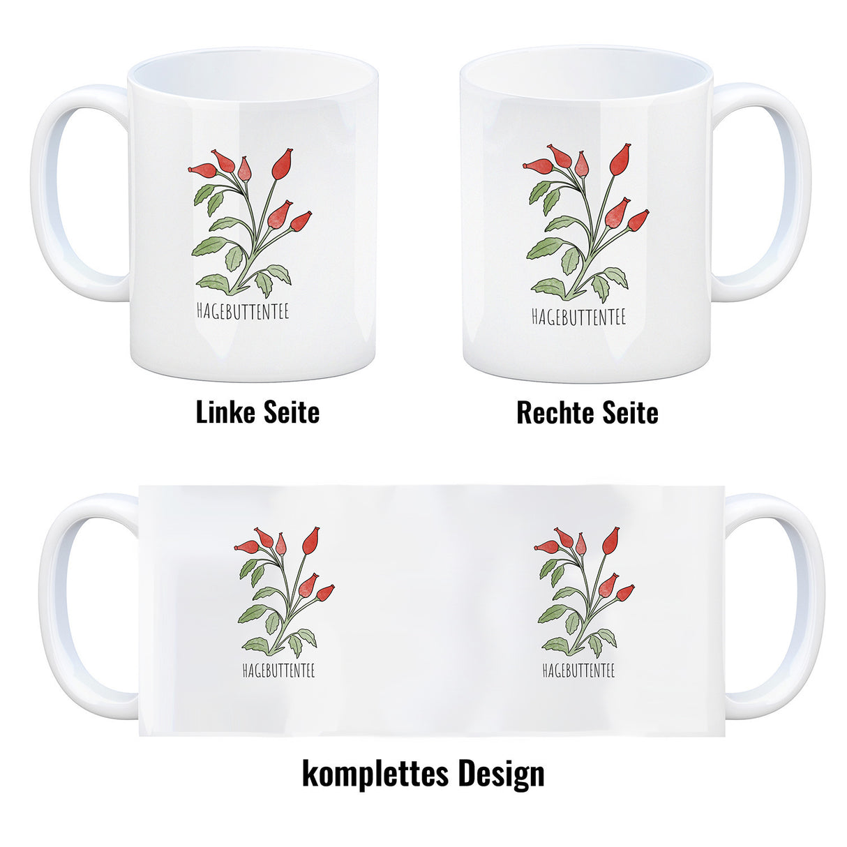 Hagebuttentee Teetasse mit Hagebuttenpflanze für Teetrinker