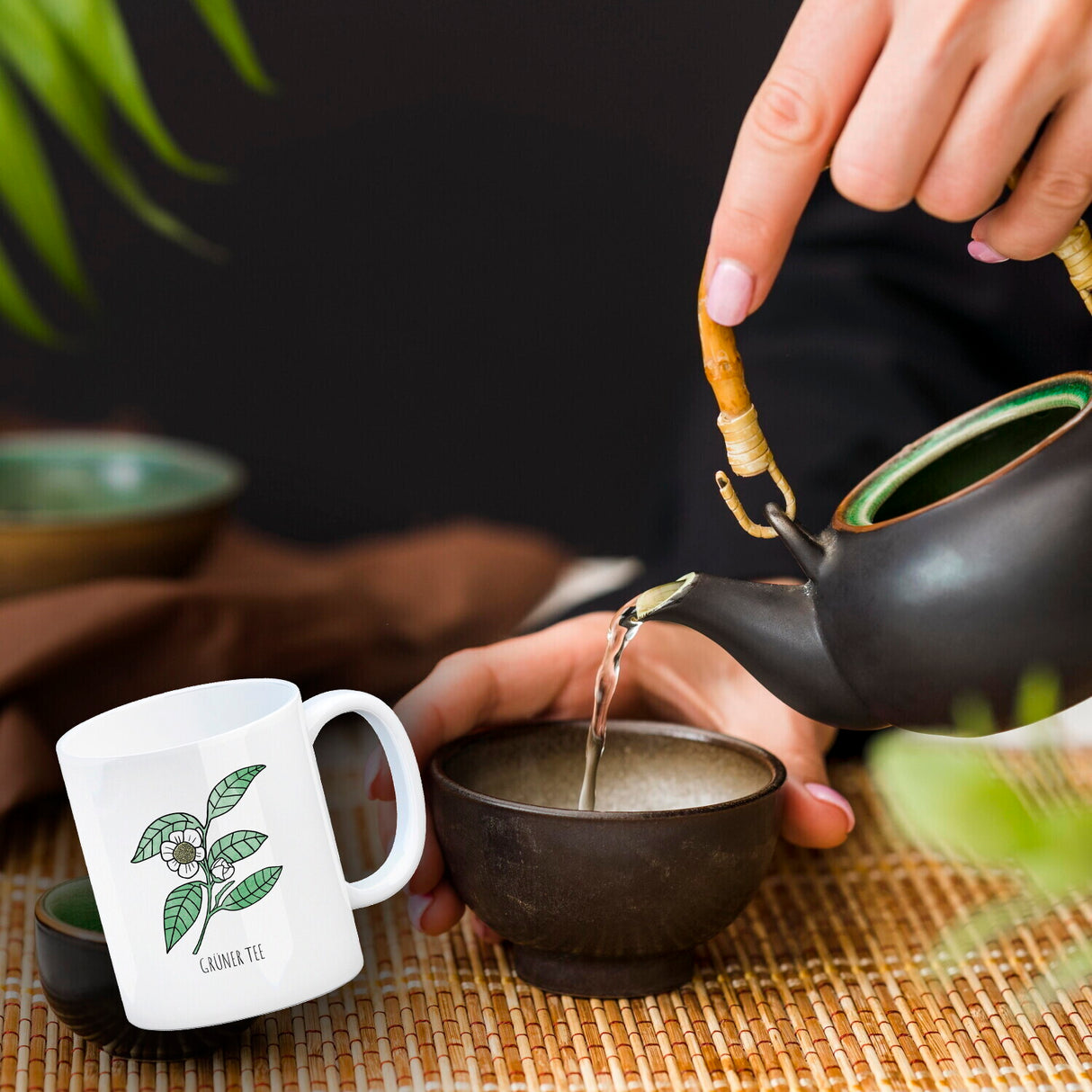 Grüner Tee Teetasse mit Teestrauch für Teetrinker