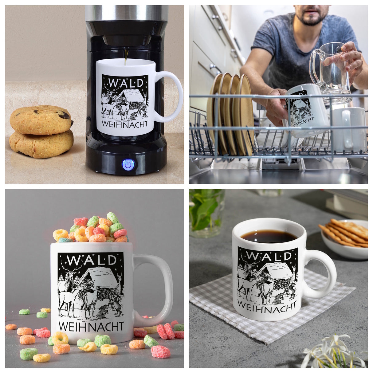 Kaffeebecher zum Thema Weihnachten im Wald -weiß