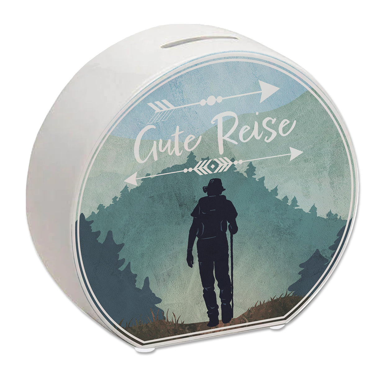 Gute Reise Spardose mit Wander Motiv