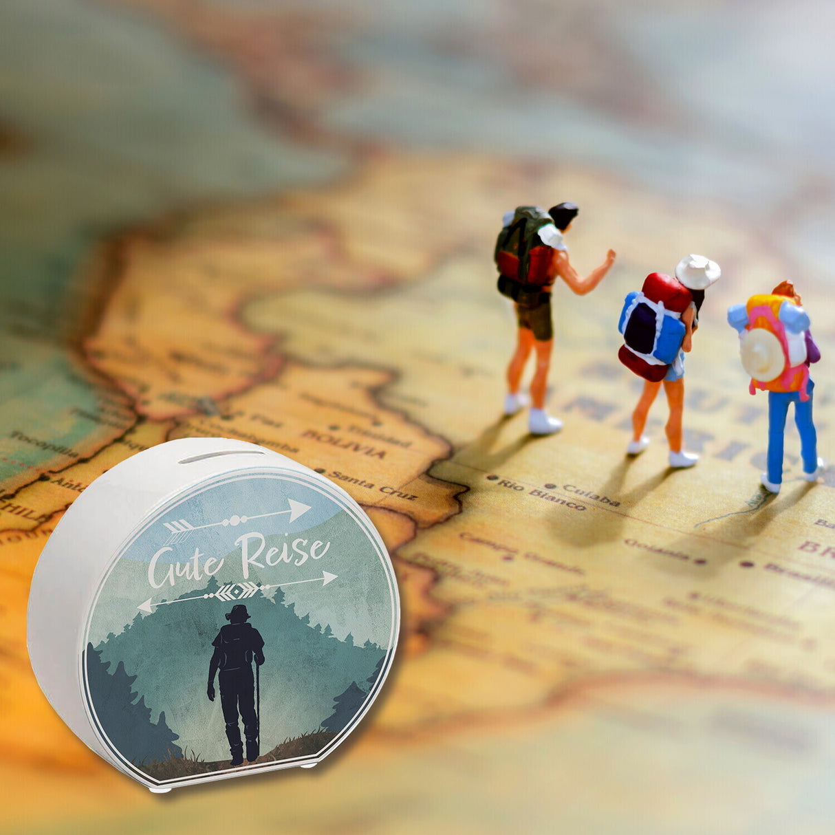 Gute Reise Spardose mit Wander Motiv