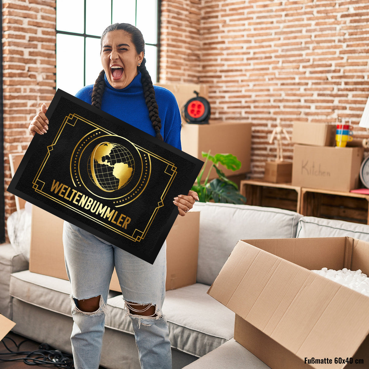 Weltenbummler Fußmatte mit goldenem Globus und Reisemotiv