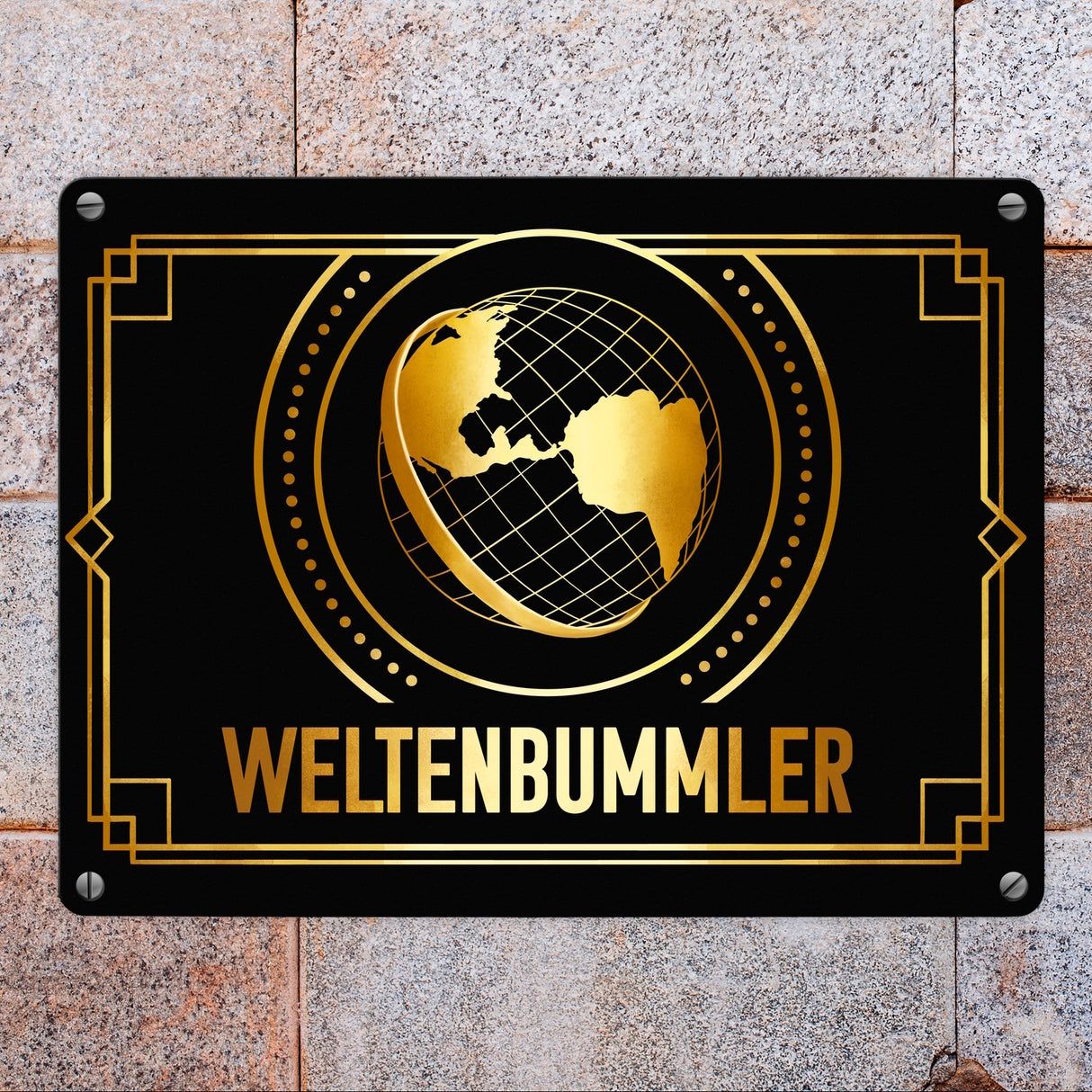 Weltenbummler Metallschild mit goldenem Globus und Reisemotiv