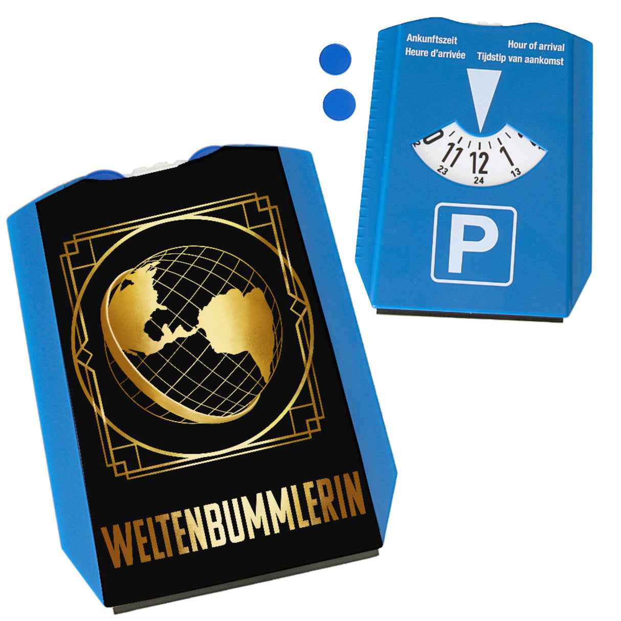 Weltenbummlerin Parkscheibe mit goldenem Globus und Reisemotiv